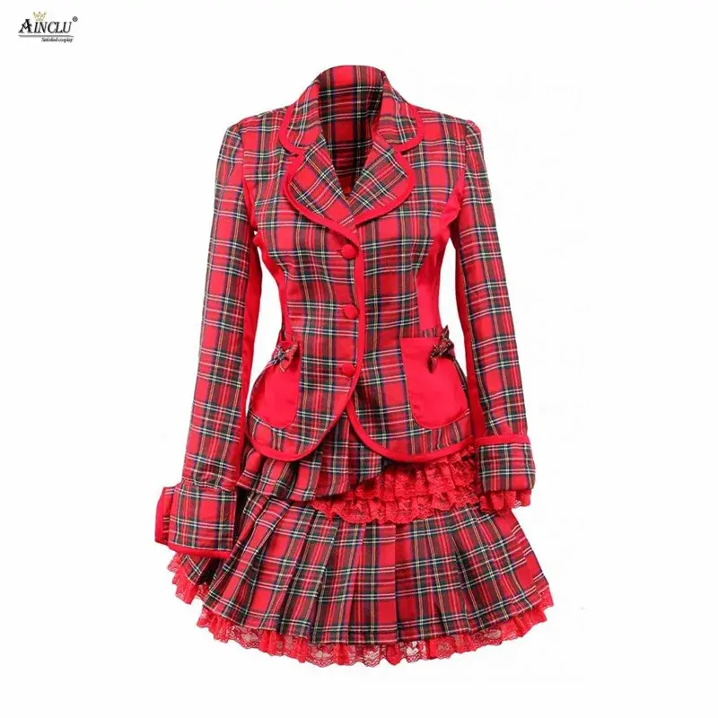 Cemavin Womens Cotton Red Gingham School Lolita Top and Skirt/Suits
