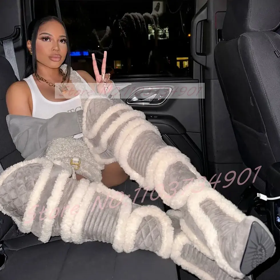 Thumbnail: White Shearling Over the Knee Boots Women Brown Suede Boots