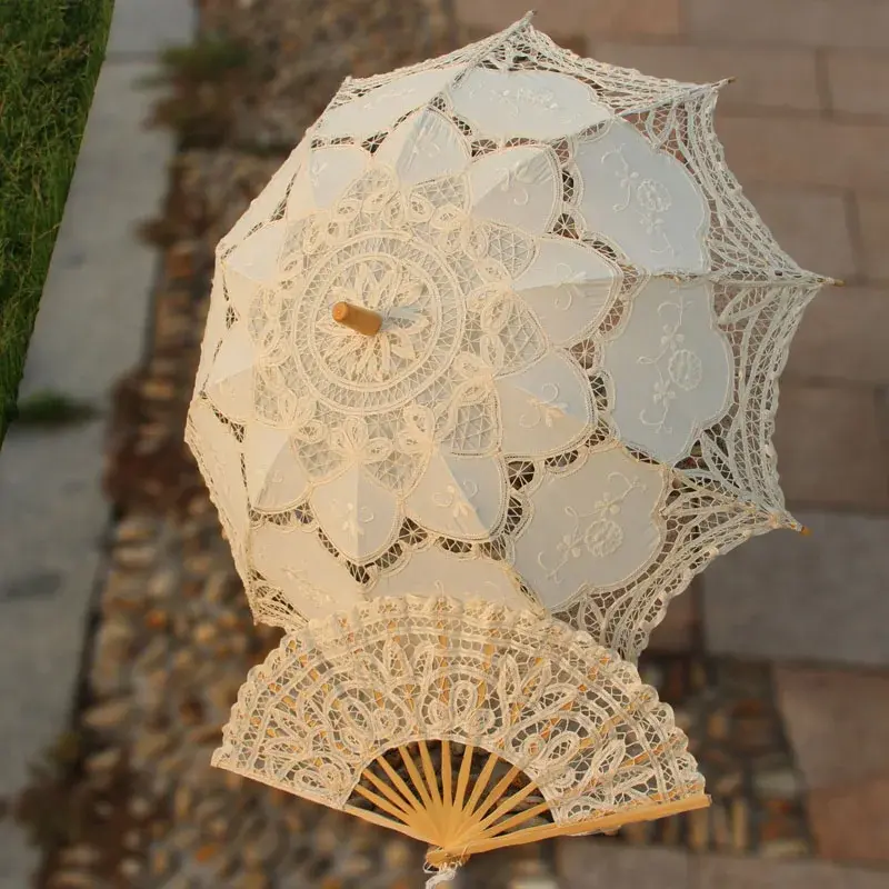 Thumbnail: Handmade Battenburg Lace Parasol and Fan Set -