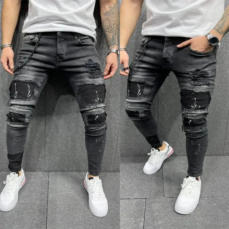 Thumbnail: Men's Faded Cropped Jeans Ripped Knee Patch Custom Fit Denim