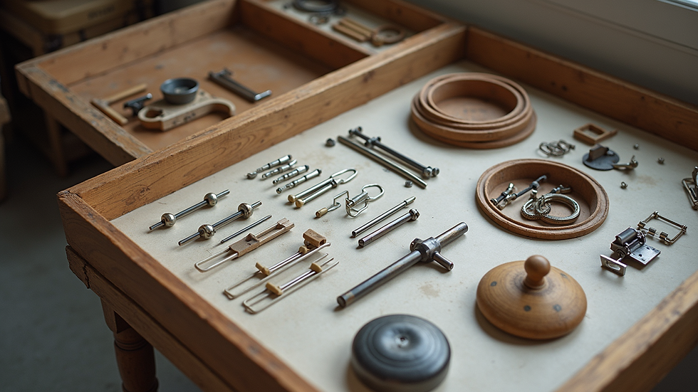 High angle view of a neatly arranged art hardware kit ready for installation