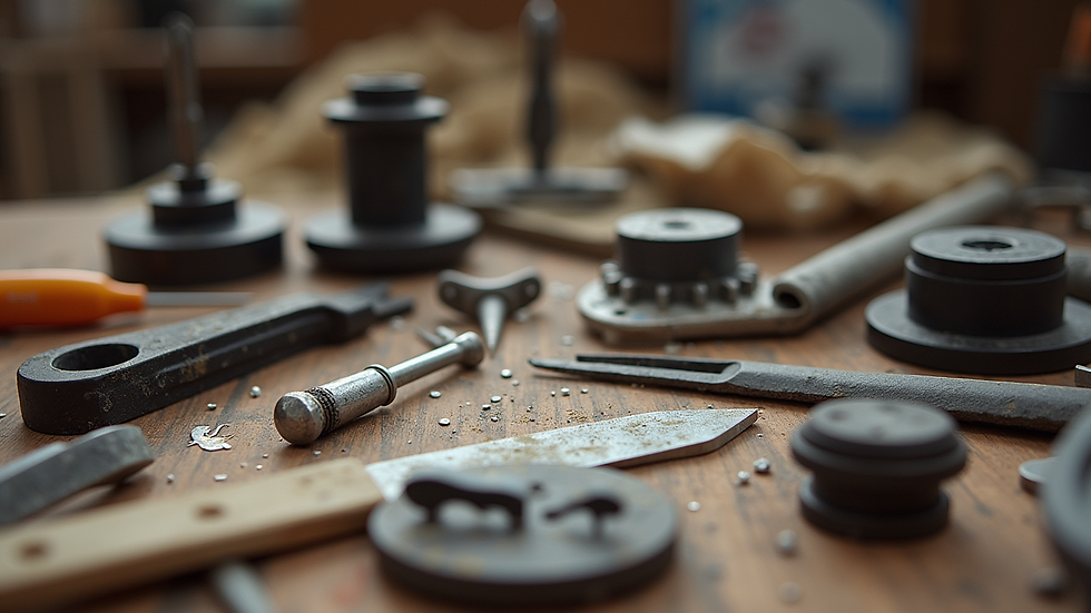 Close-up view of assorted art hardware tools and materials on a wooden table