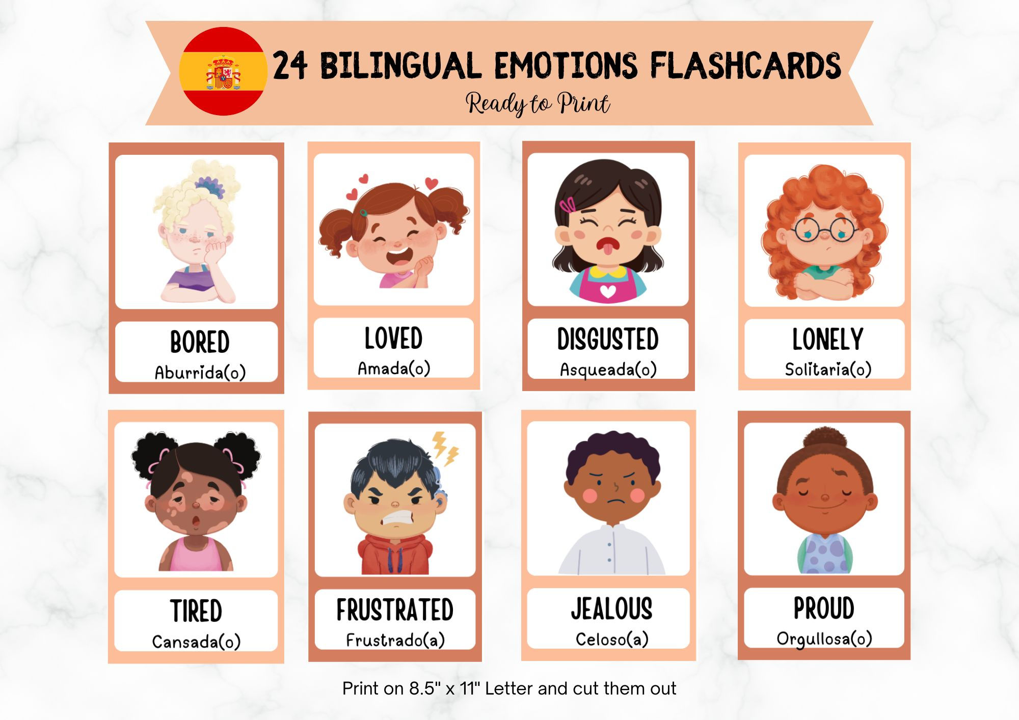 Bilingual Spanish Emotions Flashcards,24 Feelings Flashcards, Self-Regulation
