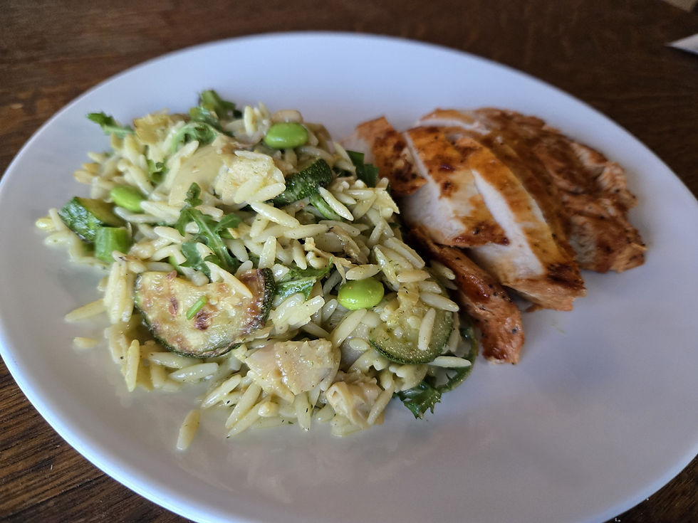 green veggie orzo pasta salad with chicken