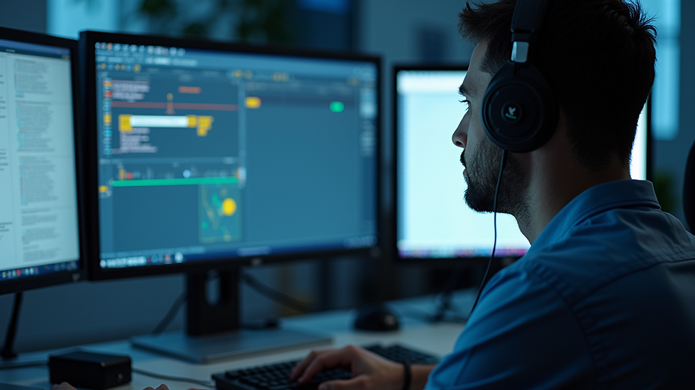 Close-up view of a technician monitoring multiple computer screens