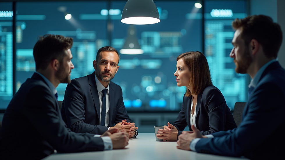 Eye-level view of a business team discussing cybersecurity strategies