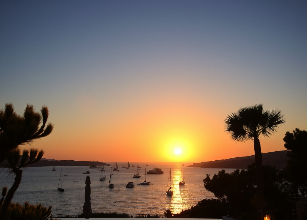 Golden sunset panoramic view over a Mediterranean bay filled with luxury yachts and sailboats.