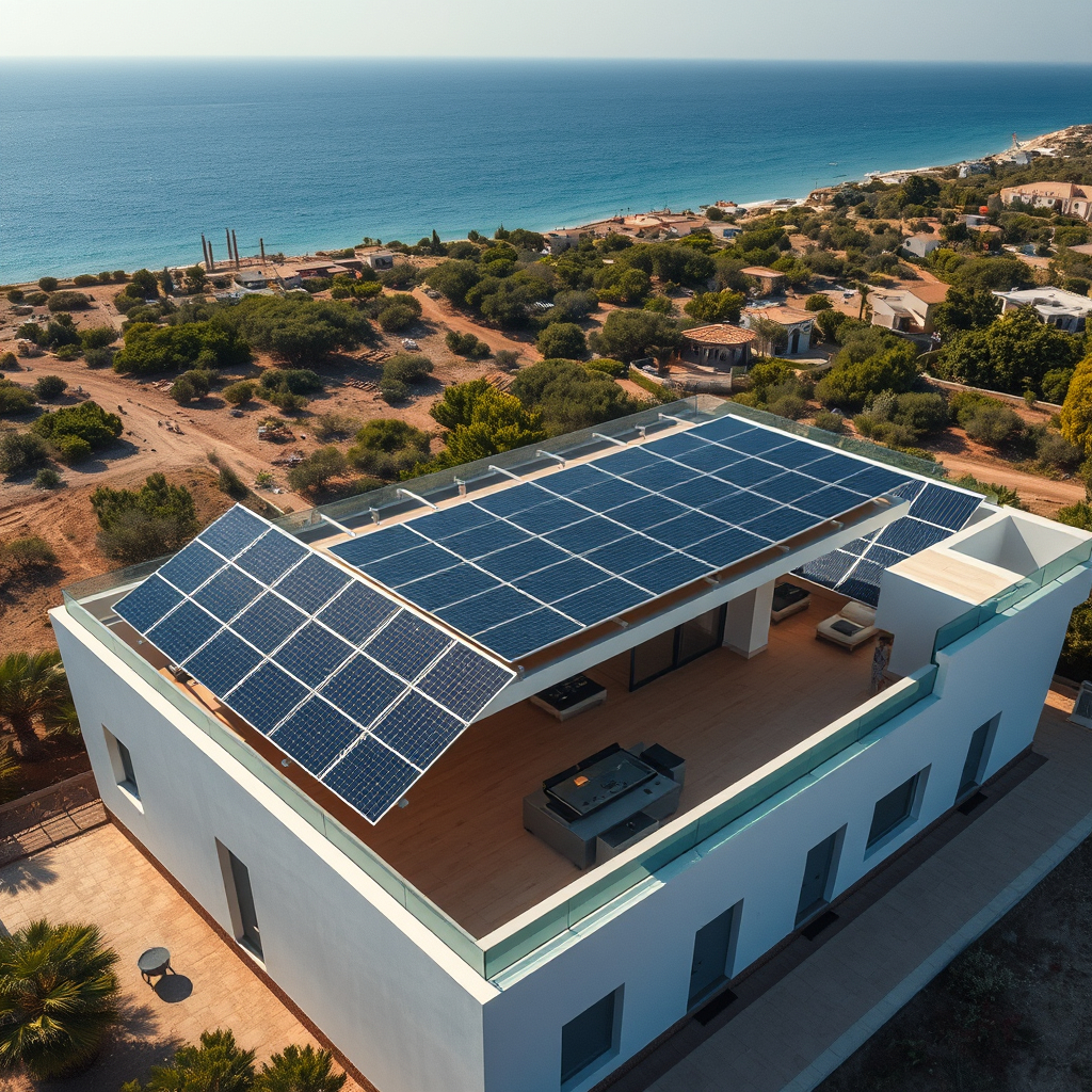 Aerial view of a sustainable luxury villa with solar panels on the roof and Mediterranean sea views.