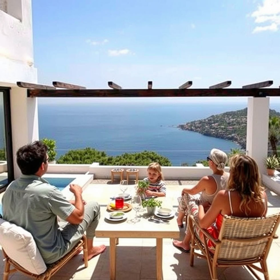 Family enjoying lunch on a luxury villa terrace with panoramic ocean views and a pergola.