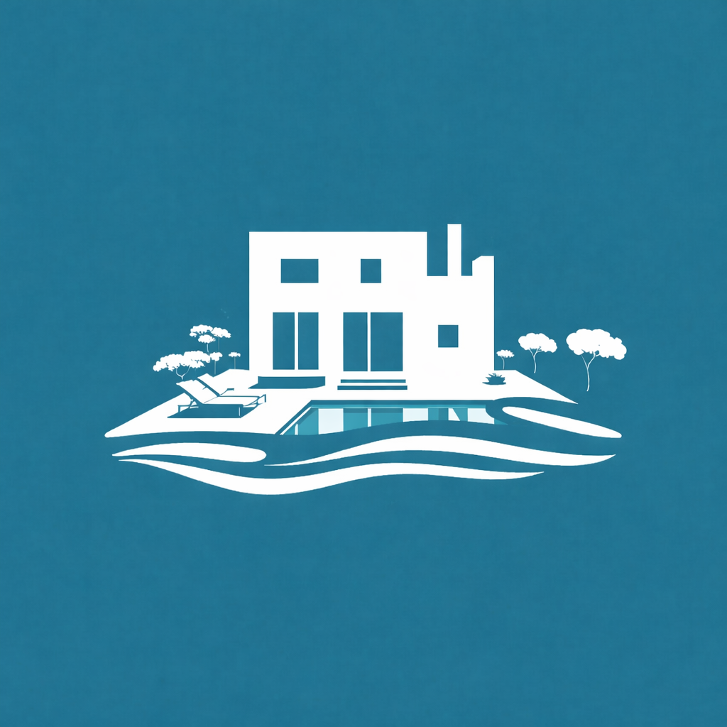 Minimalist white line logo of a modern house with pool and trees on a teal background, representing luxury real estate.