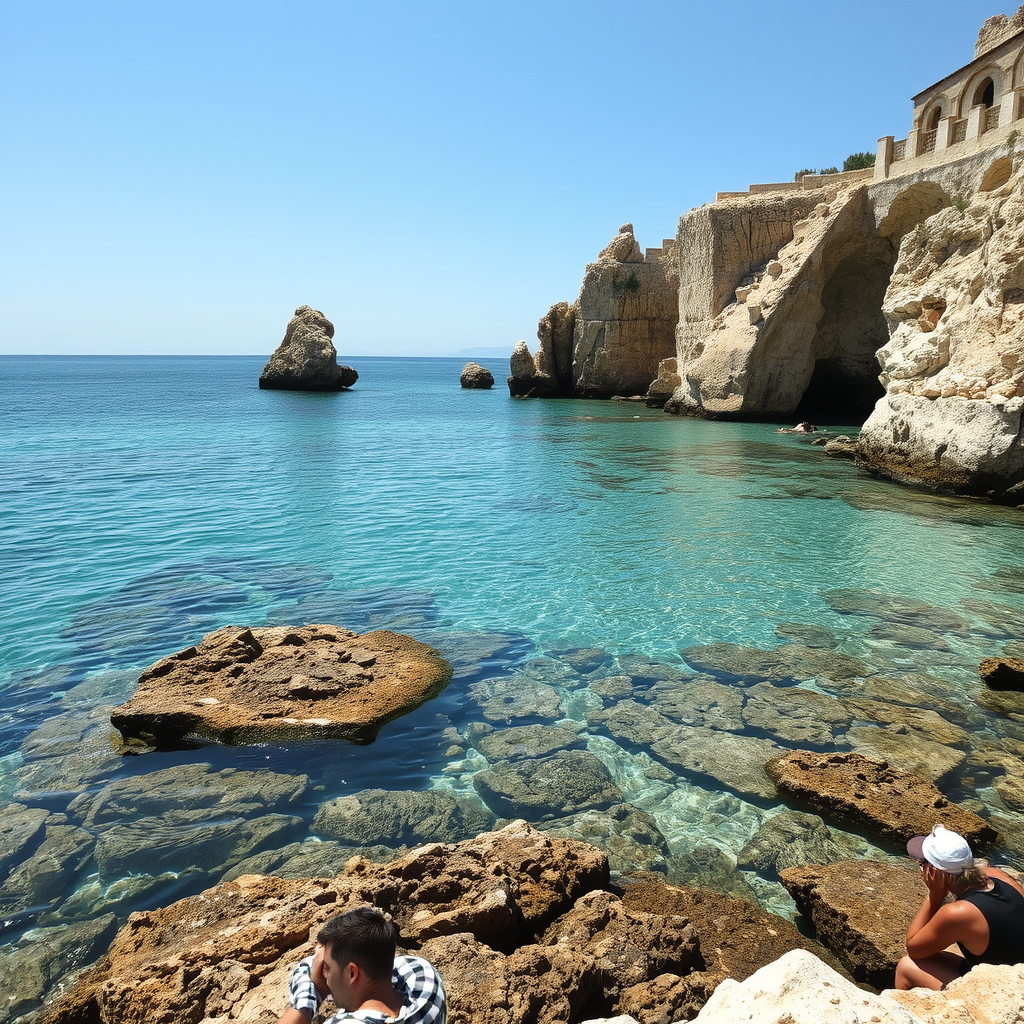 Stunning rocky cove with crystal clear turquoise water near a luxury holiday villa in Ibiza.