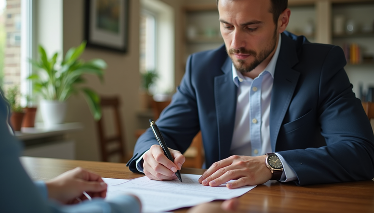 Eye-level view of a mobile notary signing documents at a client’s home