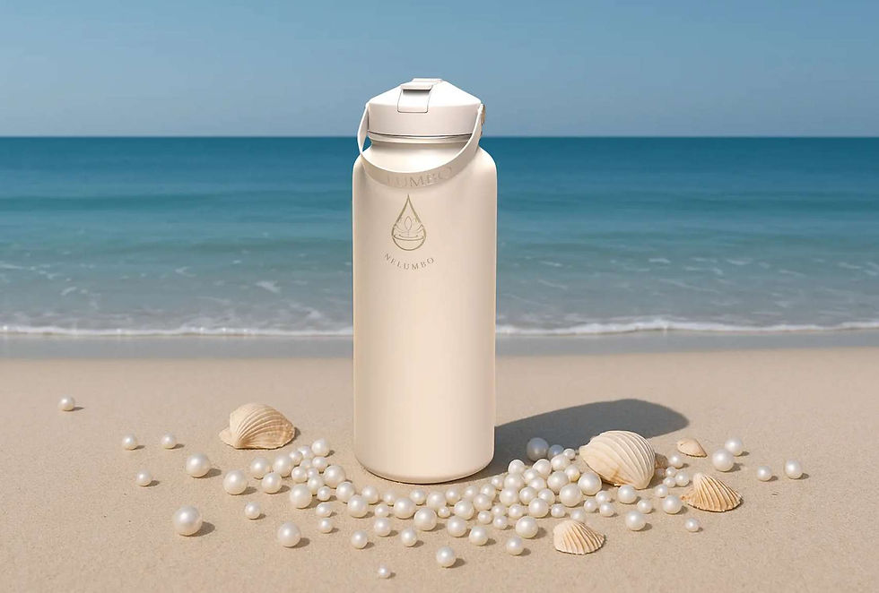 White water bottle on beach with pearls and shells against ocean background