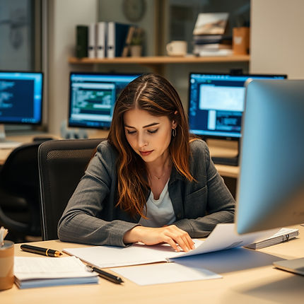 female working at computer and looking at documents.jpg