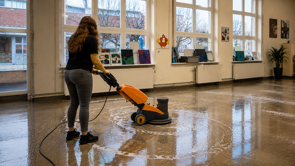 Specialistische schoonmaak in Groningen met een schrobmachine.