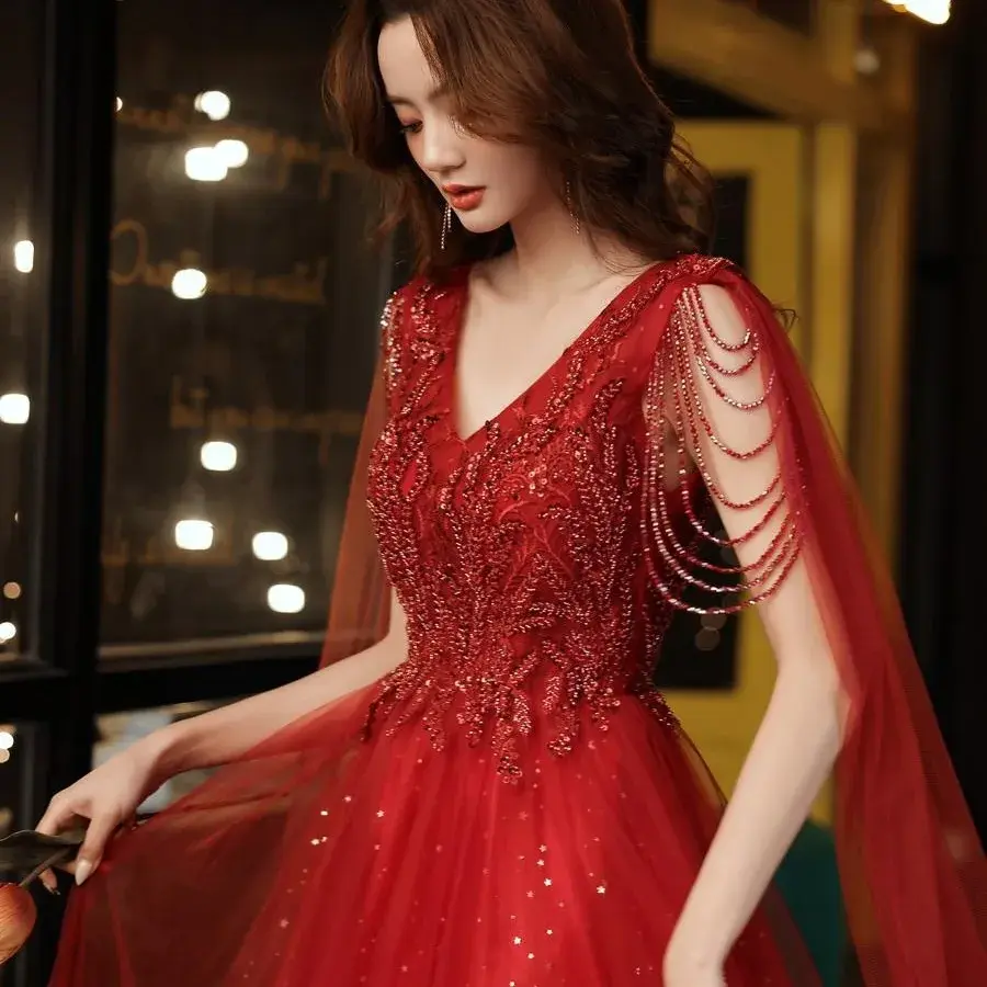 Sleeveless V-Neck Sequined Red A-Line Evening Dress for Women