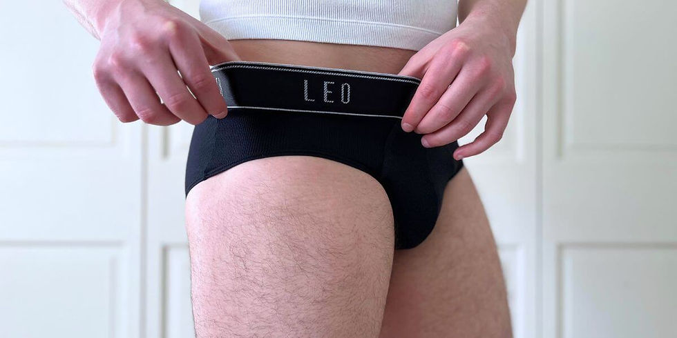Demonstrating stretchy qualities of the LEO Ultra Light Briefs.