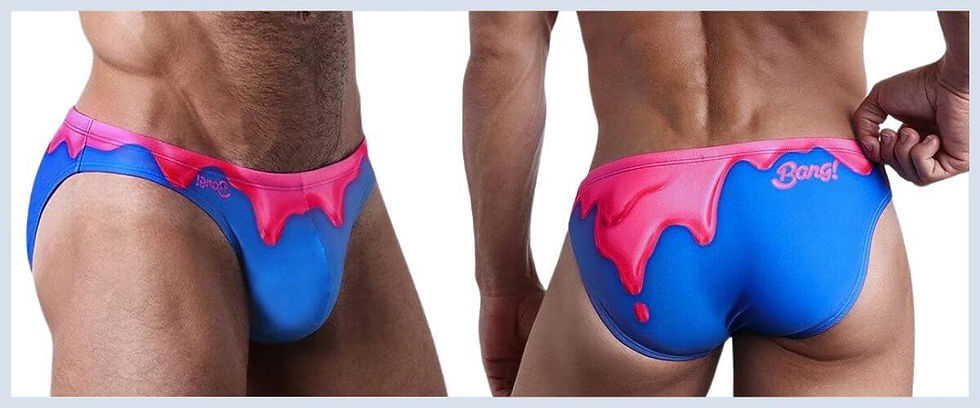 Man wearing BANG! Print Swim Bikini.