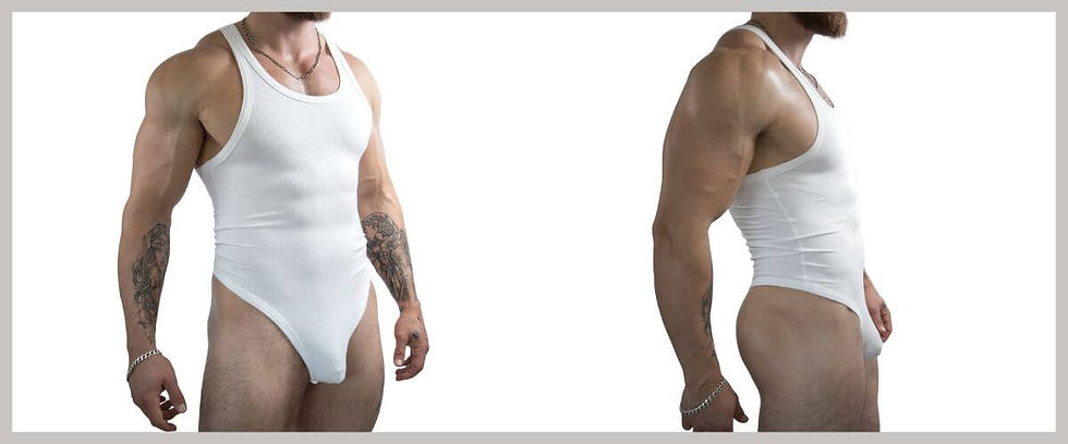 Man wearing the Coyote Jocks Cotton Rib Bodysuit.