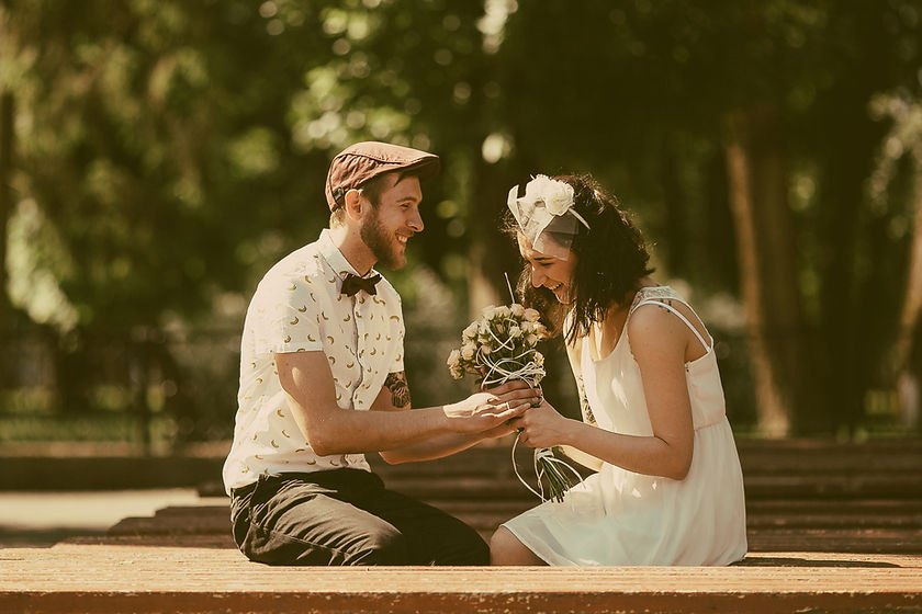 Couple with wedding bouquet