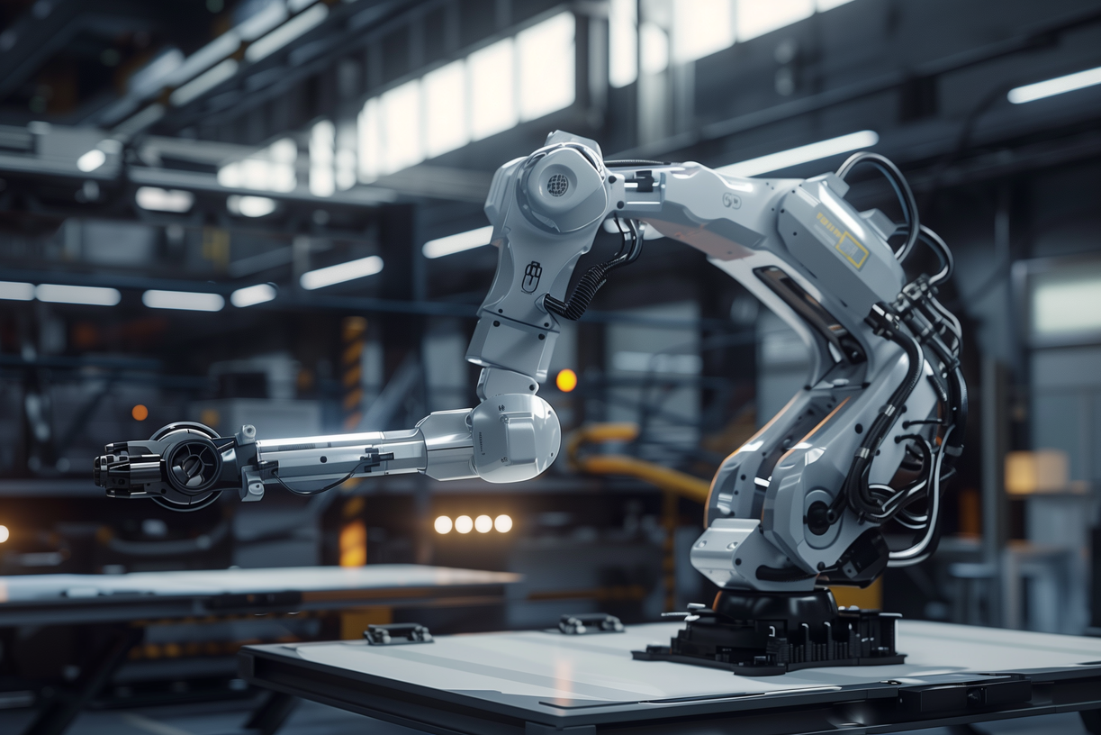 A 3D animation showcases a robotic arm in a factory setting, featuring precise engineering and metal components, positioned over a flat surface. The background highlights industrial elements with subtle lighting, emphasizing a modern, high-tech manufacturing environment.