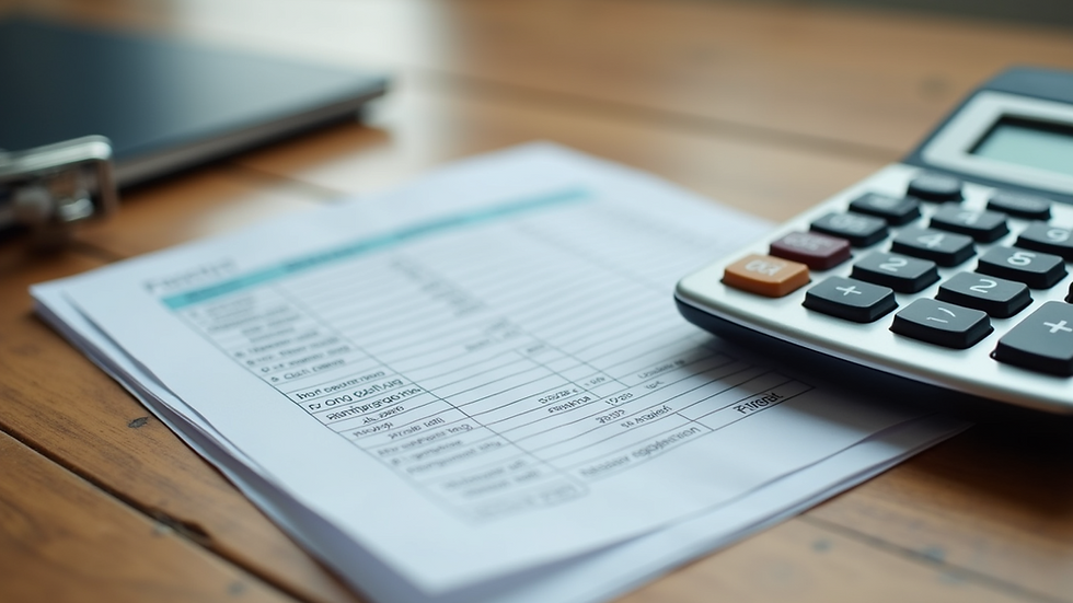 Close-up view of a calculator and financial documents on a wooden table
