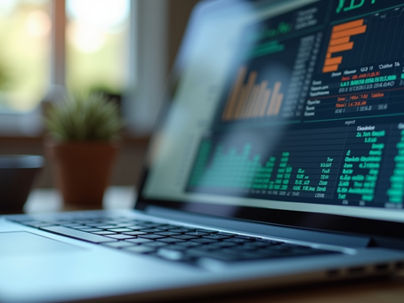 Dedicated online bookkeeper working remotely on a laptop with accounting software dashboard visible, reviewing financial reports and managing small business finances from a home office.