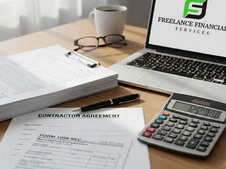 Desk setup with 1099 tax form, contractor agreement, calculator, and laptop for small business tax preparation