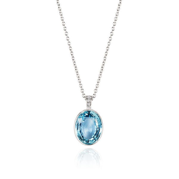 oval aquamarine set with a graduated diamond bale necklace