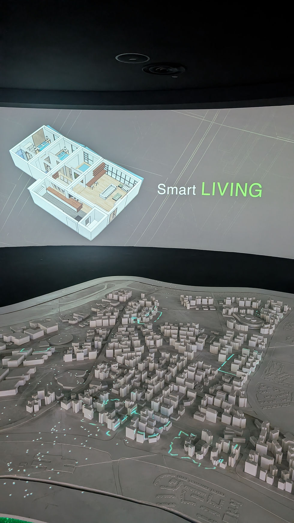 An interactive housing model demonstrating how Singapore is maximizing sustainability and quality of life. This includes infrastructure that counteracts global warming to keep temperatures cooler and energy usage low.