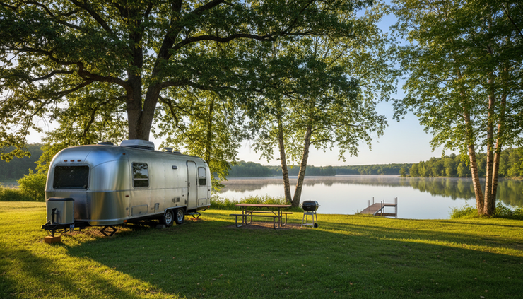 Wide-angle view of an RV parked at a shaded lakeside campsite near Roberds Lake.
