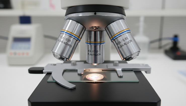 Close-up view of microscope objective lenses above a prepared slide.