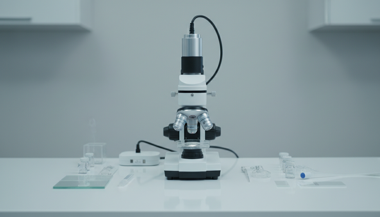 Eye-level view of a microscope camera mounted on a trinocular head.