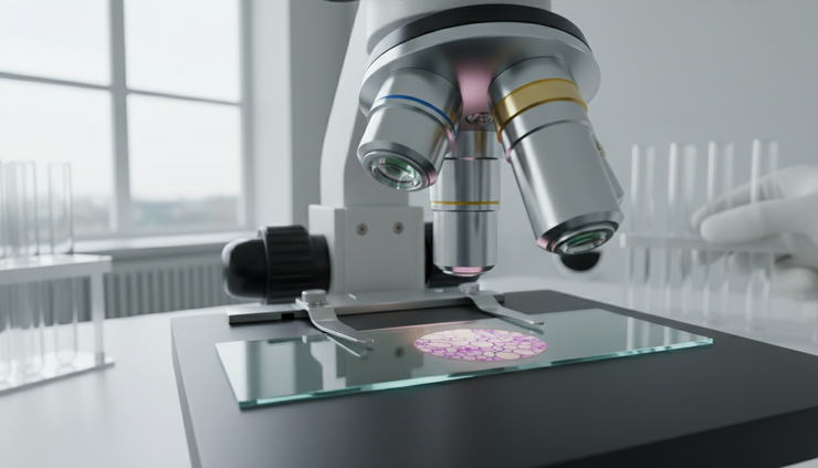 Close-up view of a new compound microscope objective above a prepared slide