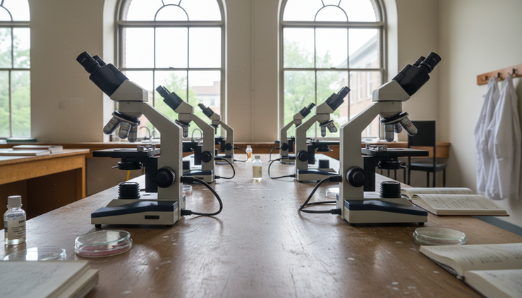 Wide-angle view of student microscopes lined up on a college laboratory bench.