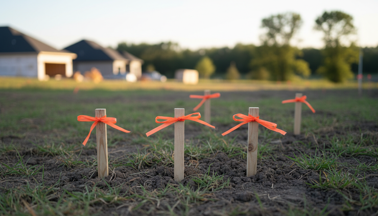 Close-up view of survey stakes and soil on a residential lot