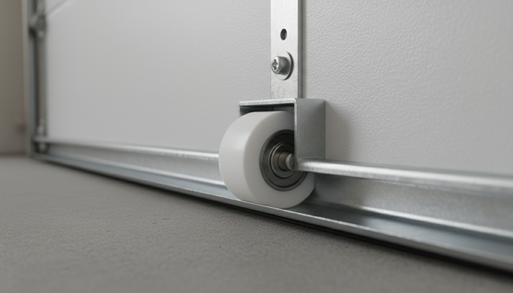 Close-up view of a quiet garage door roller moving cleanly in its track