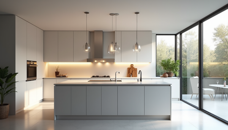 Eye-level view of a modern kitchen island with sleek cabinetry and integrated lighting