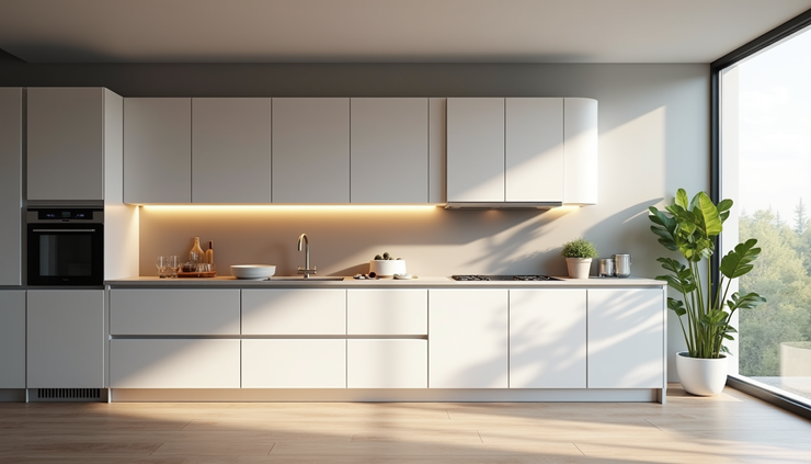 Eye-level view of a modern kitchen renovation with sleek cabinetry and lighting