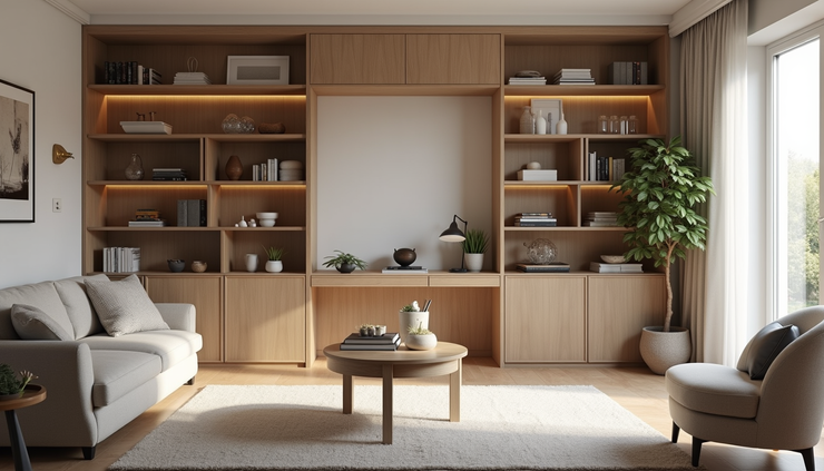 High angle view of a multifunctional living room with a foldable desk and built-in shelves
