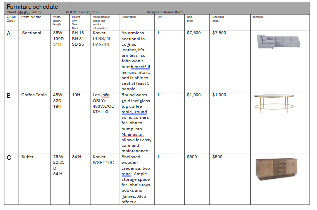 Furniture Schedule