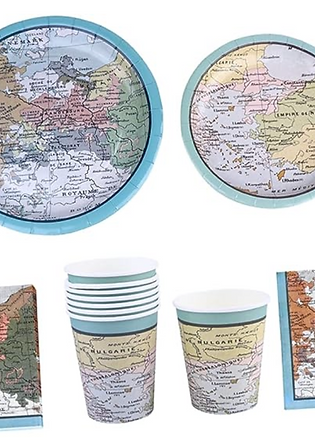 Pratos de jantar para festa;Copos de papel do mapa-múndi - comida quente e fria e para micro-ondas;Guardanapos de papel de mapa do mundo