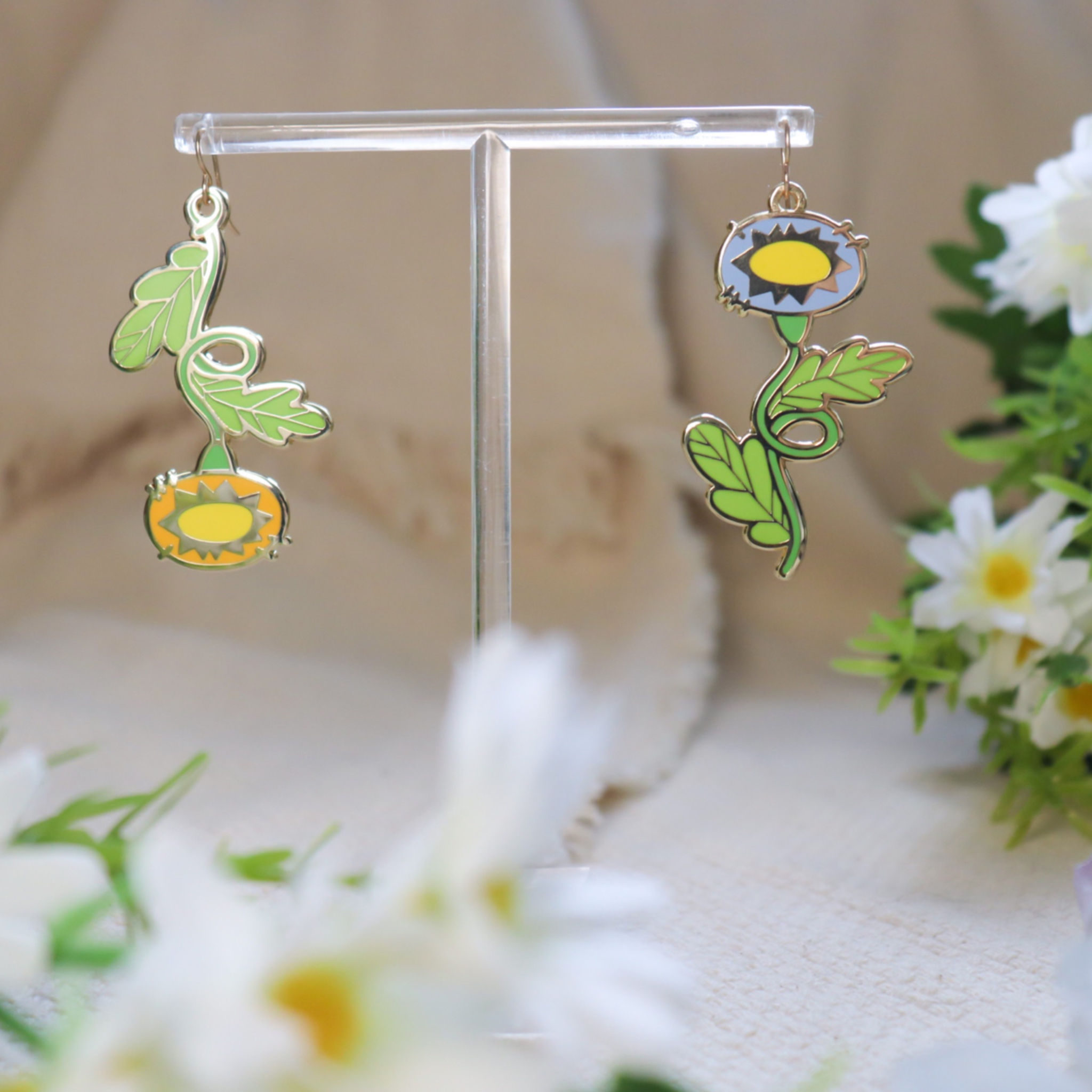 Mis-match Flower Enamel Earrings