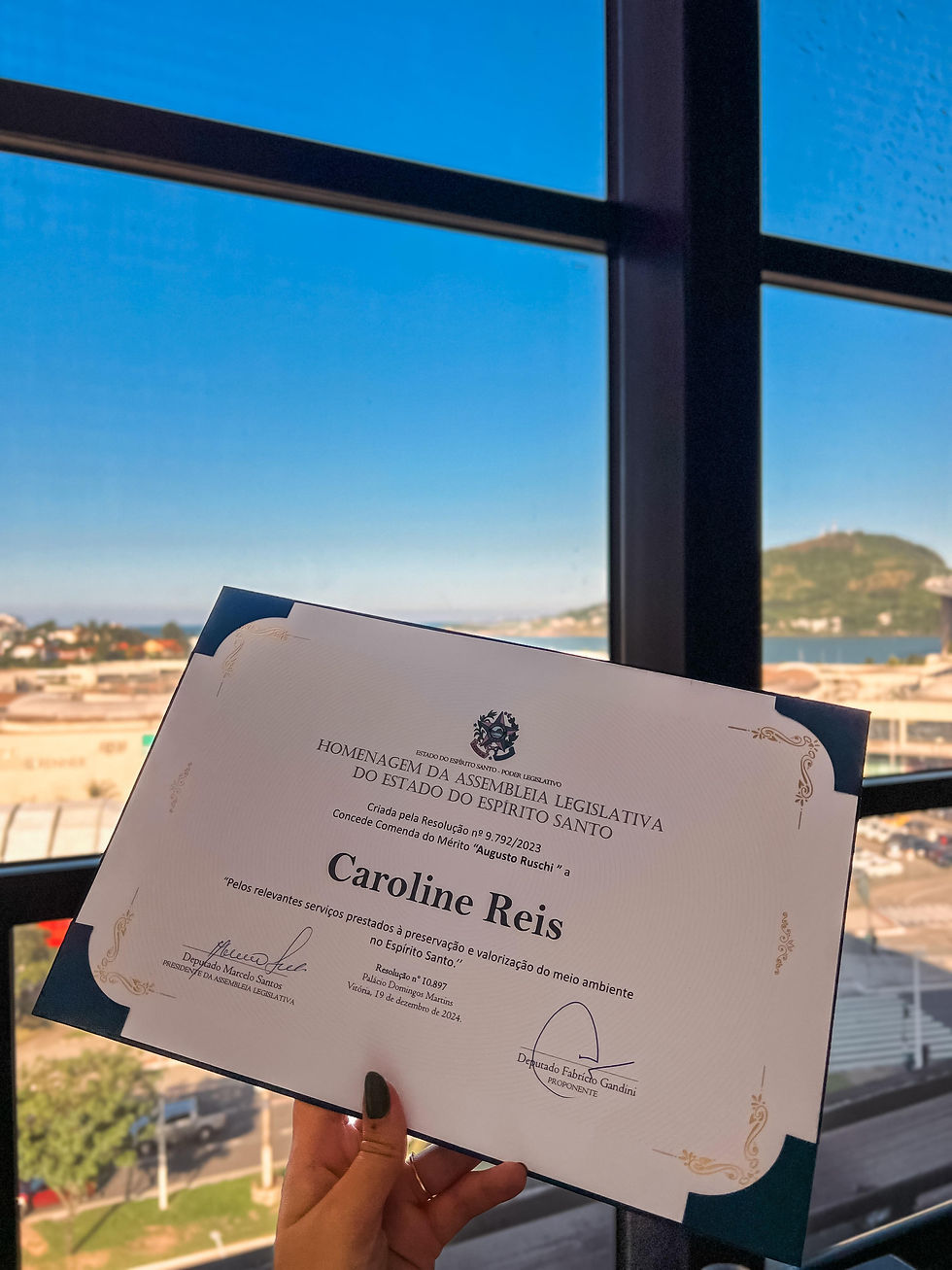 Detalhes da comenda Augusto Ruschi, honraria concedida à Caroline Reis, diretora do Instituto Últimos Refúgios |FOTO: Victória Campos