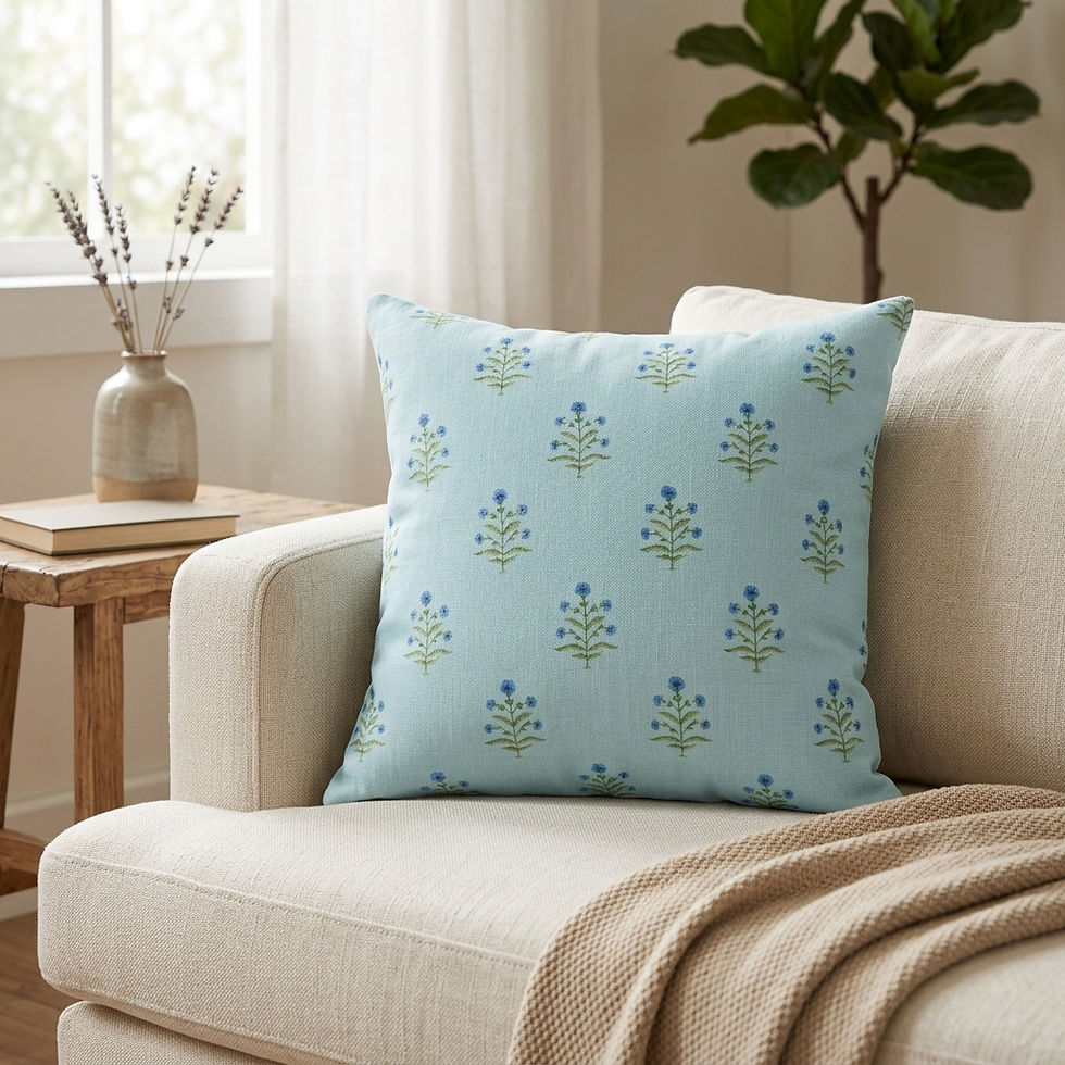 Cotton floral cushions on a sofa, featuring a delicate floral botanical motif set against a soft sage green background.