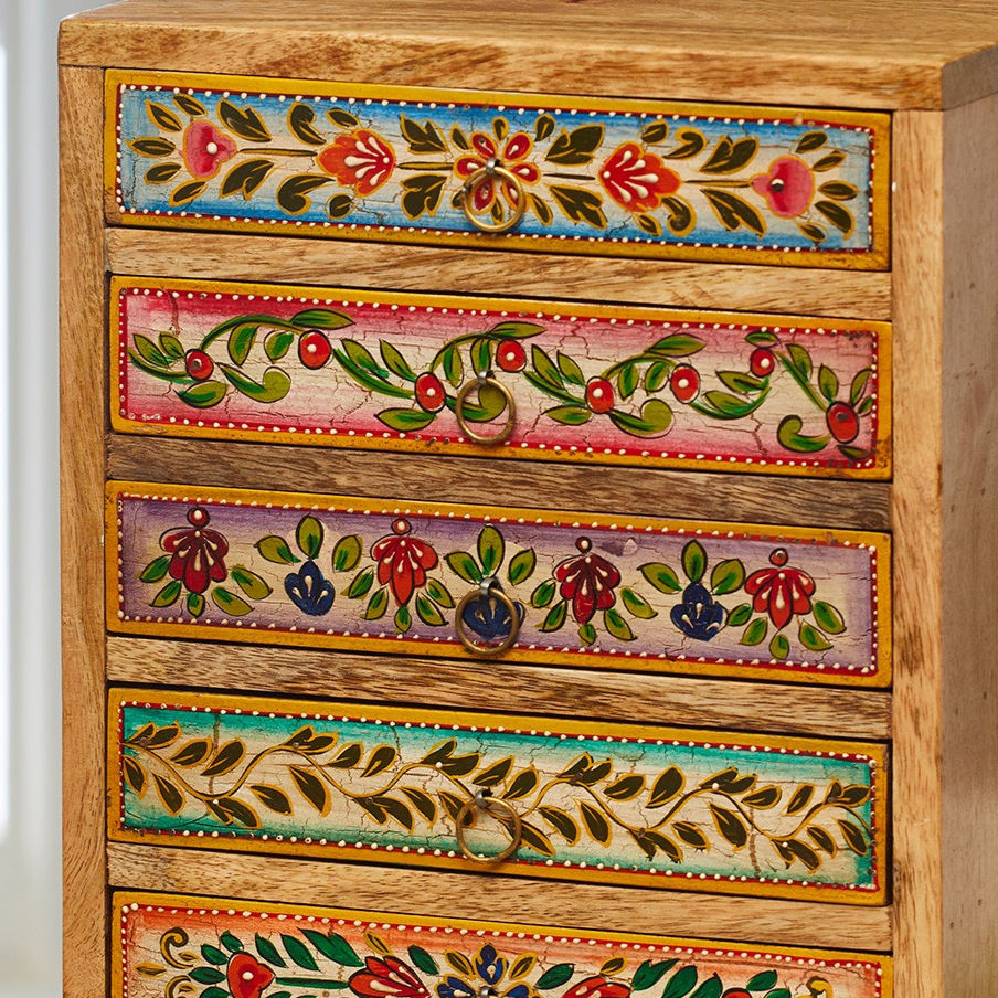 Thumbnail: Zaha Hand Painted 6-Drawer Mango Wood Chest featuring intricate hand painted florals on each drawer with gold pull handle.