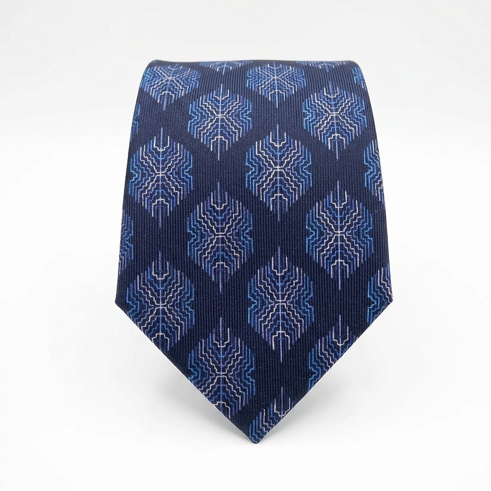 Handmade silk twill Bhutan motif tie featuring a repeat pattern of blue and white motifs on a lovely dark blue base.