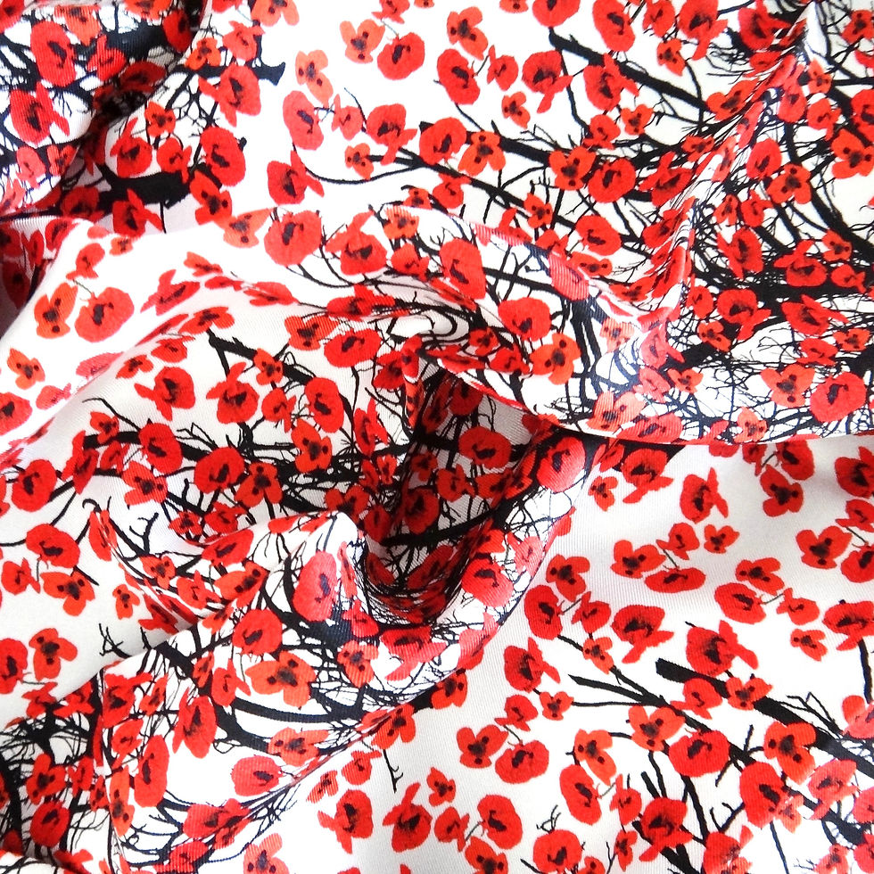 Rumi London Silk scarf featuring scattered red poppies and swinging branches against a white background complete with thick r