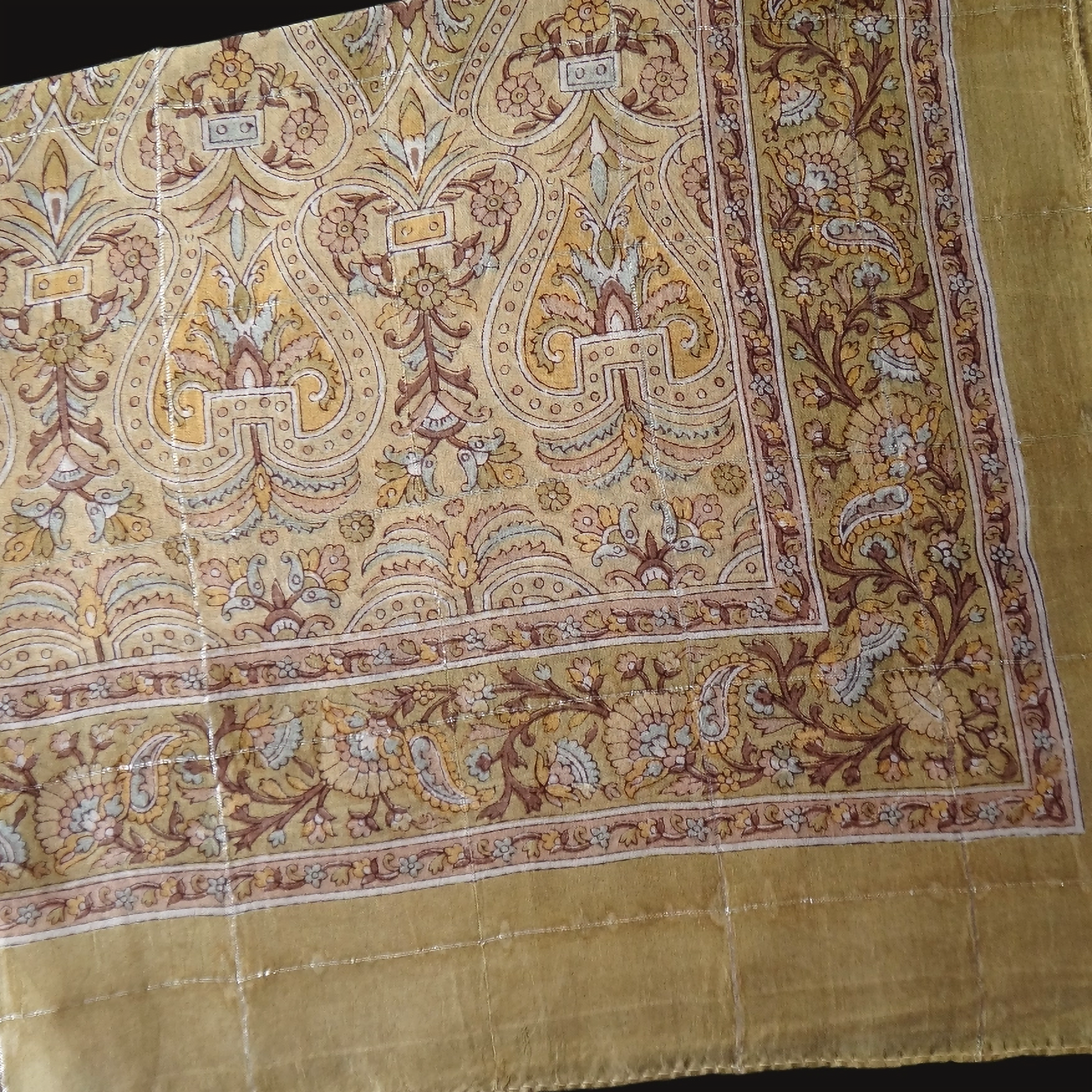 Indian paisley long silk scarf beautifully adorned with bold olive paisley motifs embroidered in silk thread on a olive base.