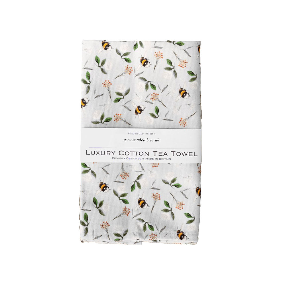 Thumbnail: Bees on Duck Egg Tea Towel featuring scattered bees among a leafy gentle grey background.